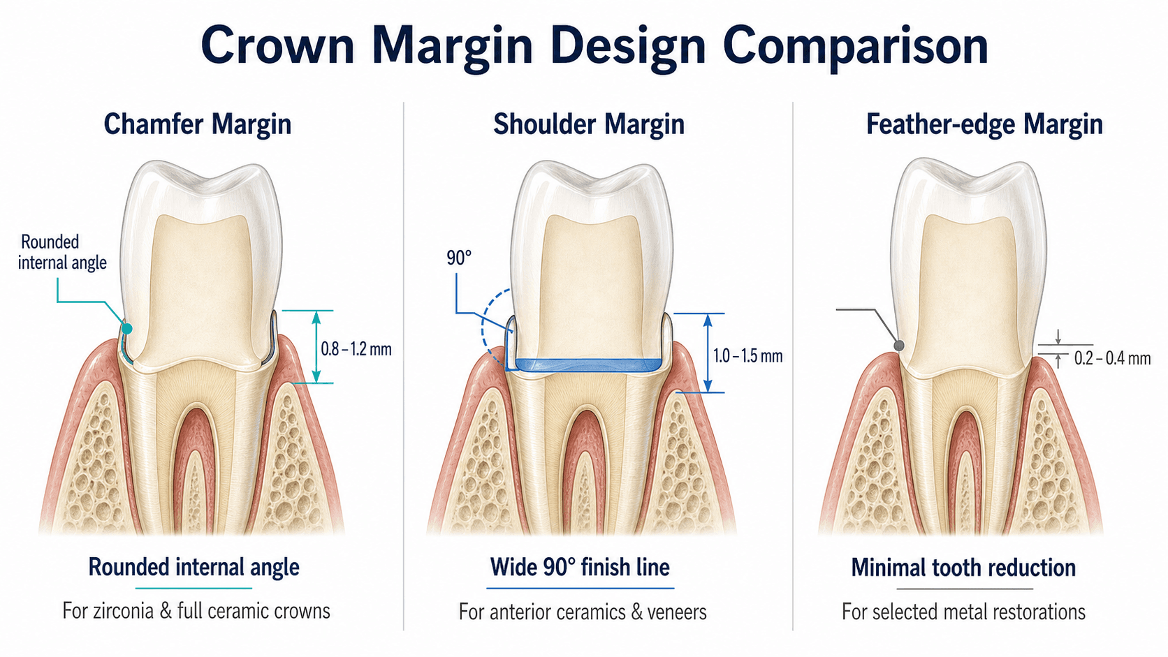 Dental Crown Margin Design: Chamfer vs. Shoulder for Zirconia, E.max and PFM
